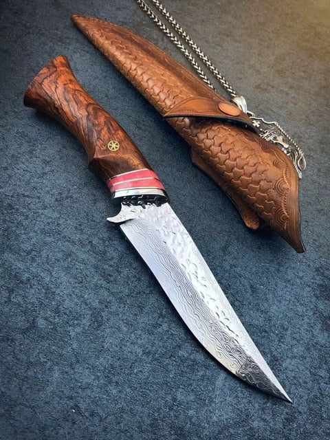 Redwood Handle Damascus Steel Outdoor Knife