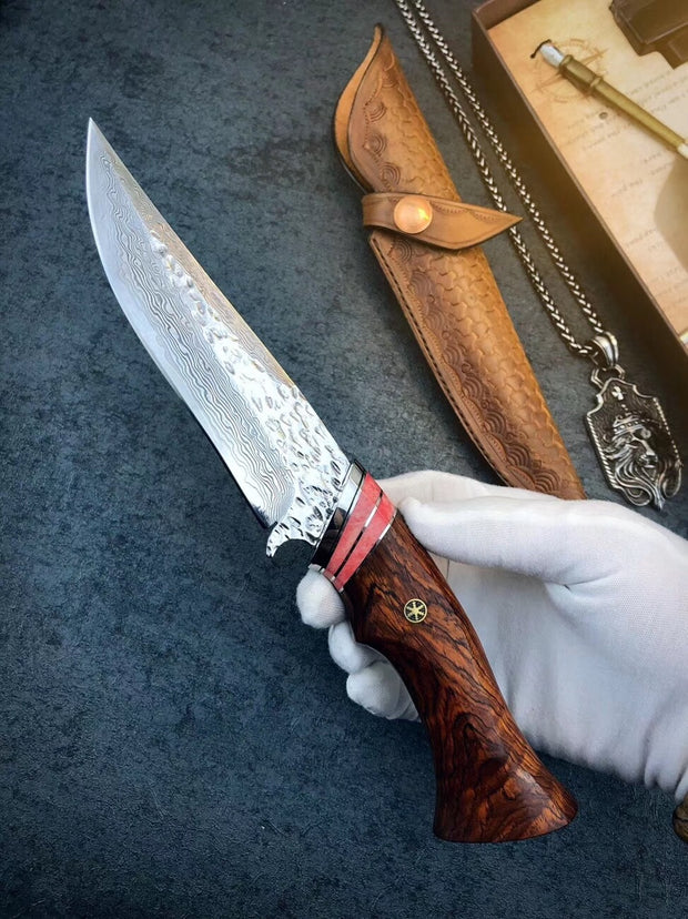 Redwood Handle Damascus Steel Outdoor Knife